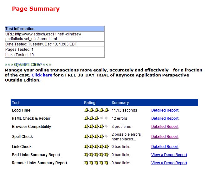 Image of test results on homepage